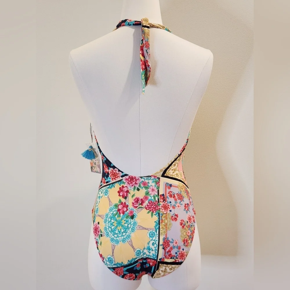 NWT || JOHNNY WAS || Japer swim suit, size M, halter, v neck, one piece, ruched